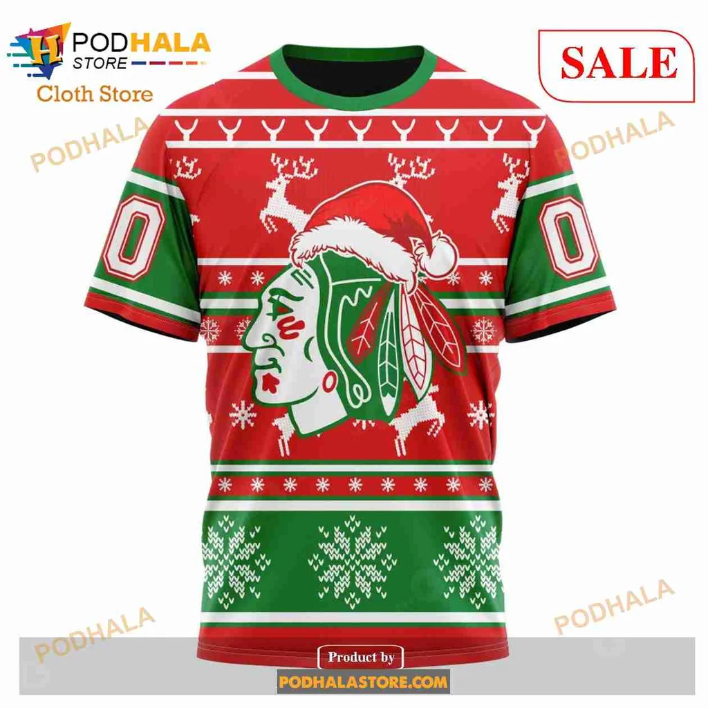 Cheerful Christmas Chicago Blackhawks 3d Hoodie With Santa Hat And Snowflakes - Product View 6 Cheerful Christmas Chicago Blackhawks 3d Hoodie With Santa Hat And Snowflakes - Product View 6