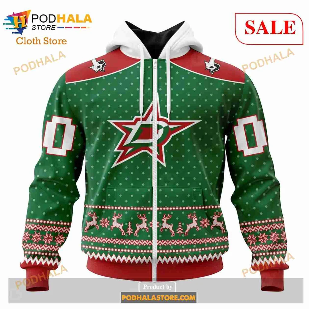 Cheerful Dallas Stars All Over Print Hoodie With Snowflakes And Reindeer Accents Cheerful Dallas Stars All Over Print Hoodie With Snowflakes And Reindeer Accents