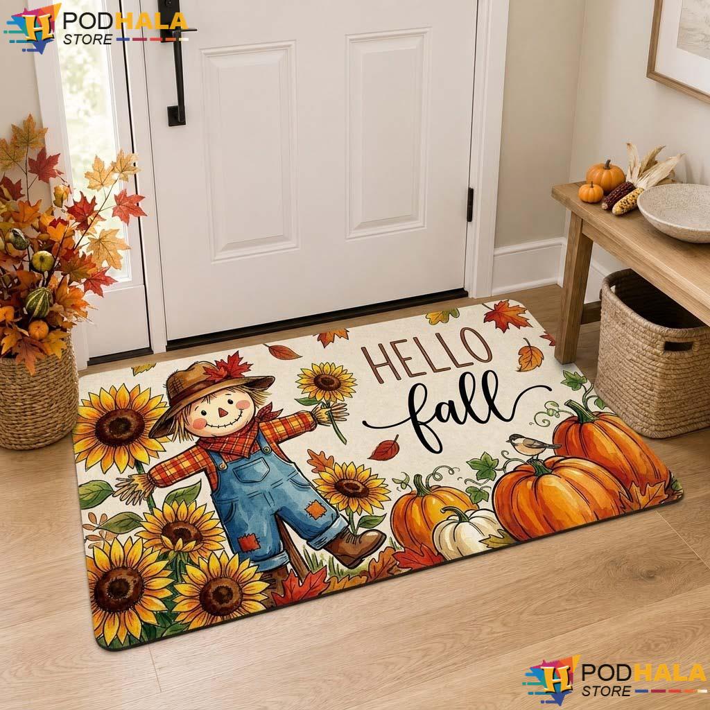 Cheerful Scarecrow Fall Doormat Autumn Sunflower Pumpkin Welcome Entrance Rug