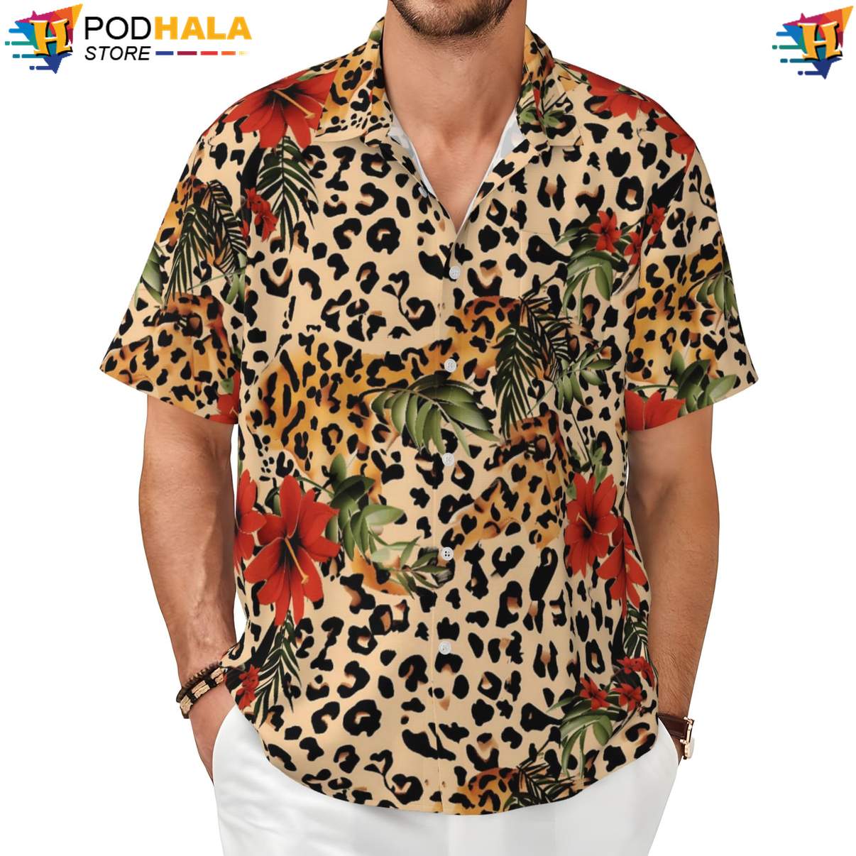 Cheetah Print Hawaiian Shirt Funny Mens Short Sleeve Beach Button Up
