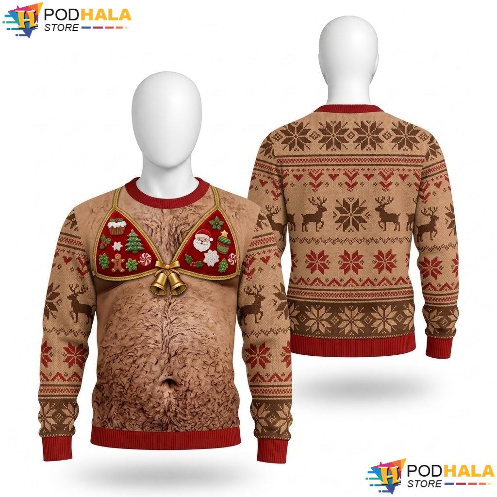 Chest Santa Reindeer Ugly Xmas Sweater Playful Funny Holiday Pullover