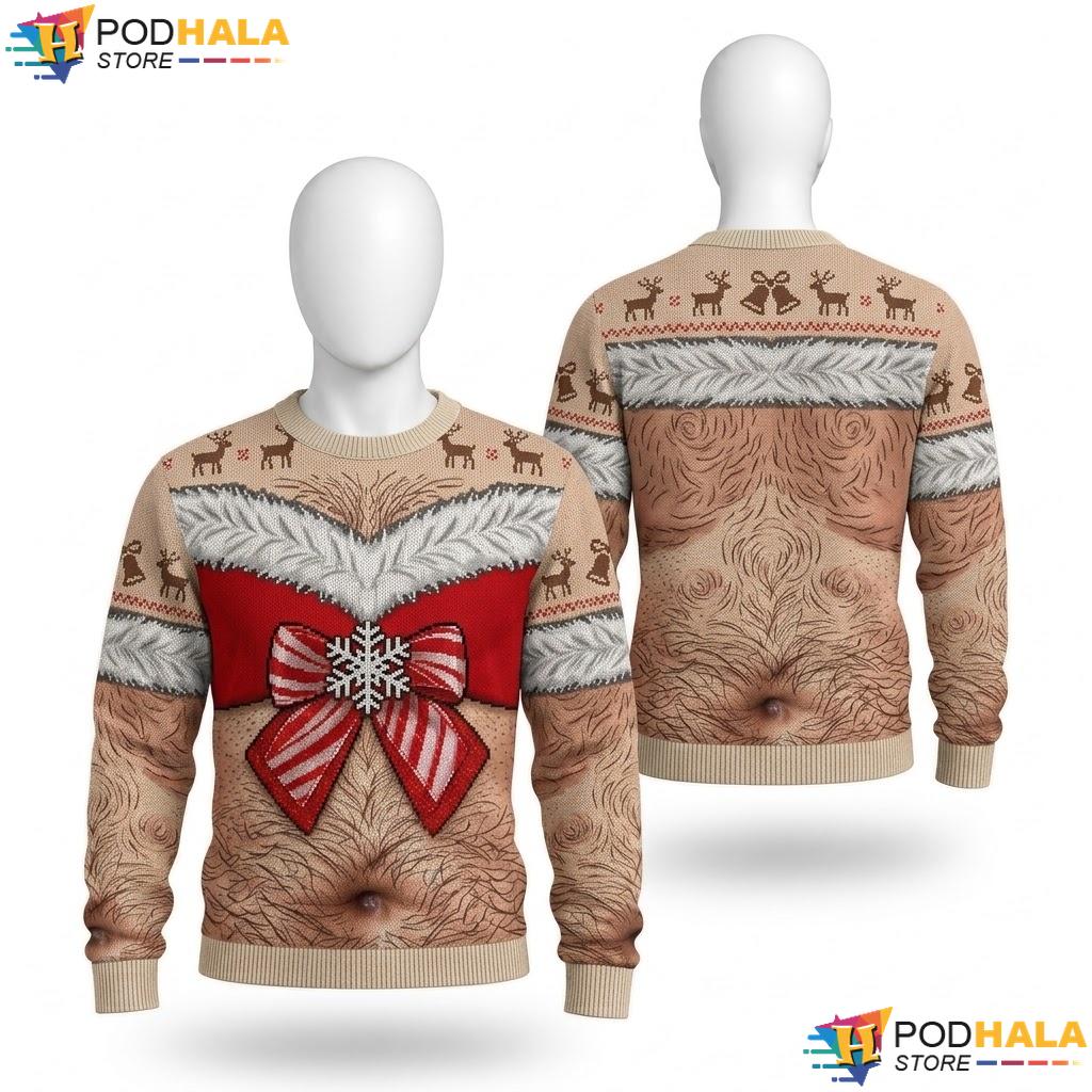 Chest Santa Reindeer Vintage Sweater Retro Funny Christmas Holiday Top