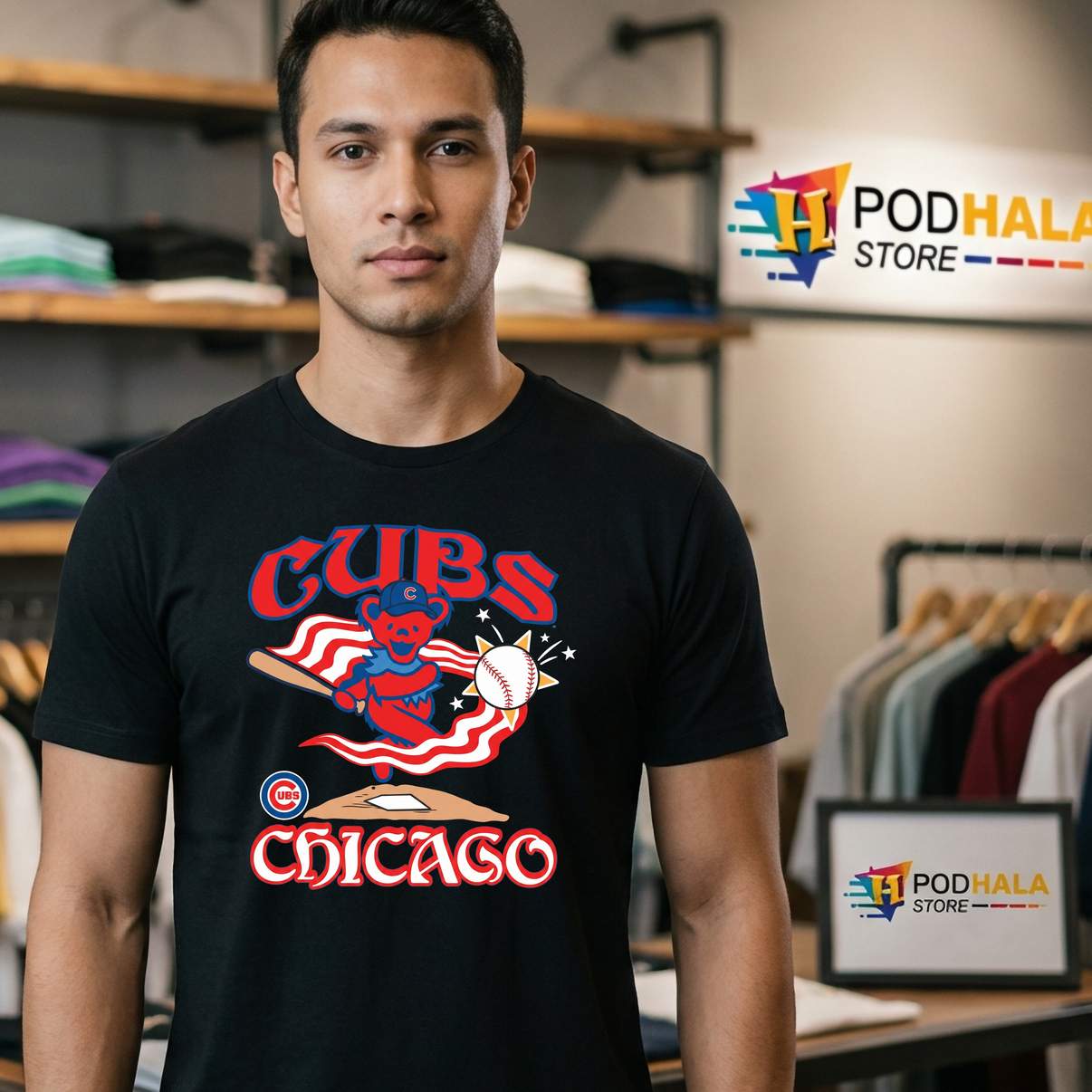 Chicago Cubs Grateful Dead Bear T-Shirt Americana Baseball Fan Graphic For Men Chicago Cubs Grateful Dead Bear T-Shirt Americana Baseball Fan Graphic For Men