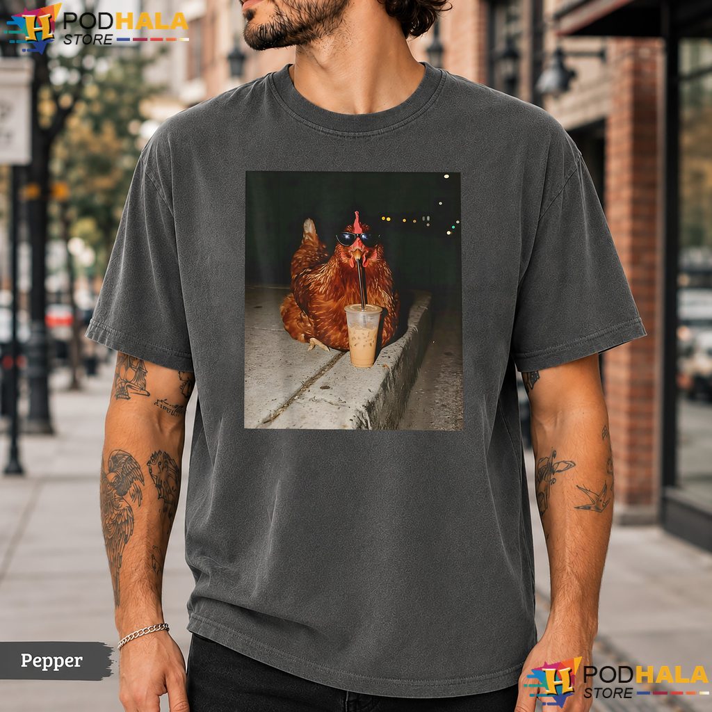 Chicken Drinking Iced Coffee Comfort Colors T-Shirt Funny Farmer Poultry Top
