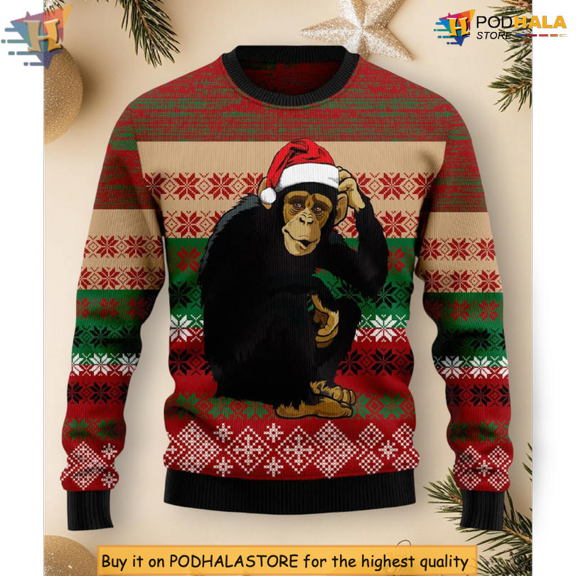 Chimpanzee Santa Hat Scene Cute Illustration Nature Lover Cozy Holiday Christmas Sweater