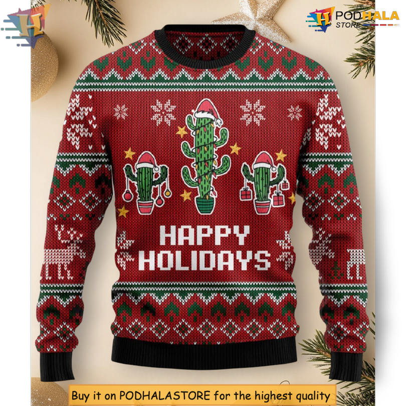 Christmas Cactus Plant Scene Holiday Art Cute Succulent Graphic Pattern Xmas Sweater
