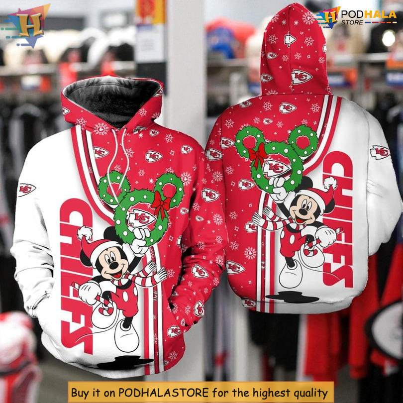 Christmas Mickey Graphic Kc Chiefs Hoodies, Holiday Fleece Zip Up 3D Design