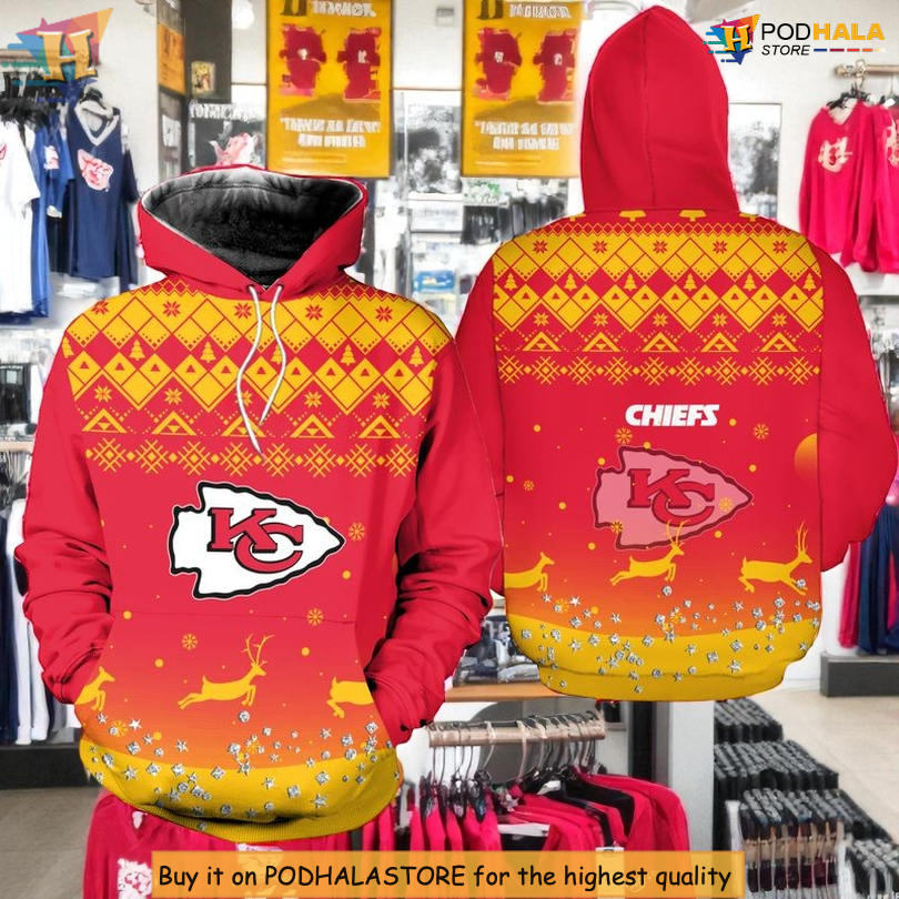Christmas Pattern Reindeer Kansas City Chiefs Kids Hoodie, Limited 3D Gear