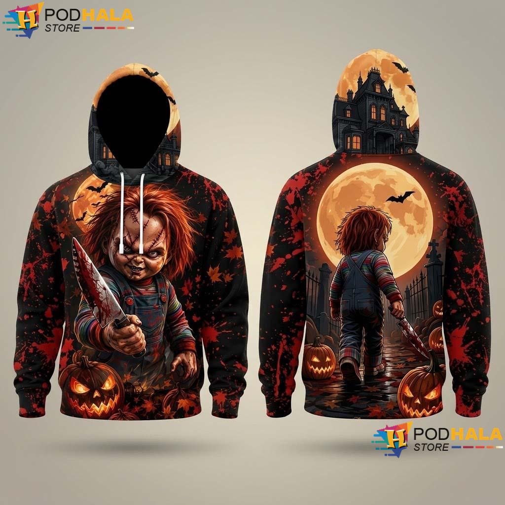 Chucky Doll Halloween 3D Printed Hoodie Horror Pumpkin Knife Haunted Top