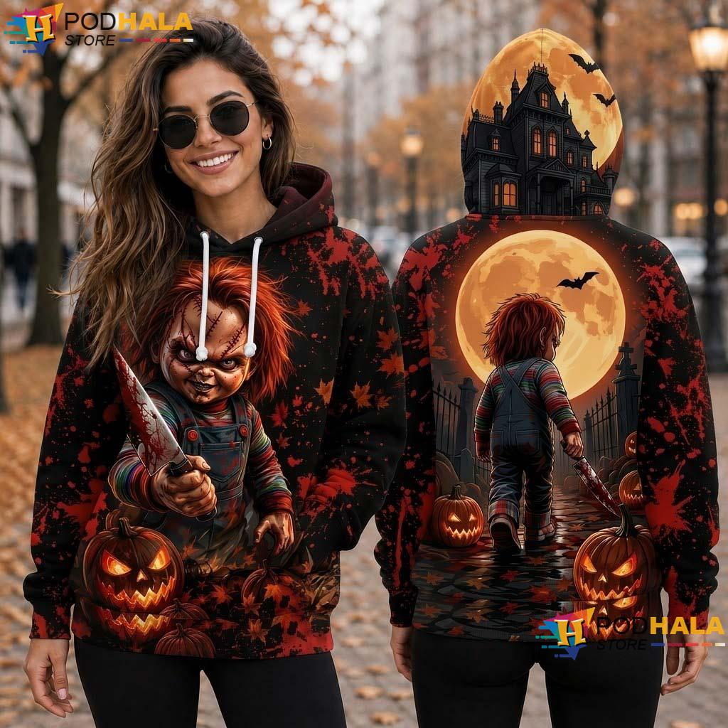 Chucky Doll Halloween 3D Printed Hoodie Horror Pumpkin Knife Haunted Top - View 1 Chucky Doll Halloween 3D Printed Hoodie Horror Pumpkin Knife Haunted Top - View 1