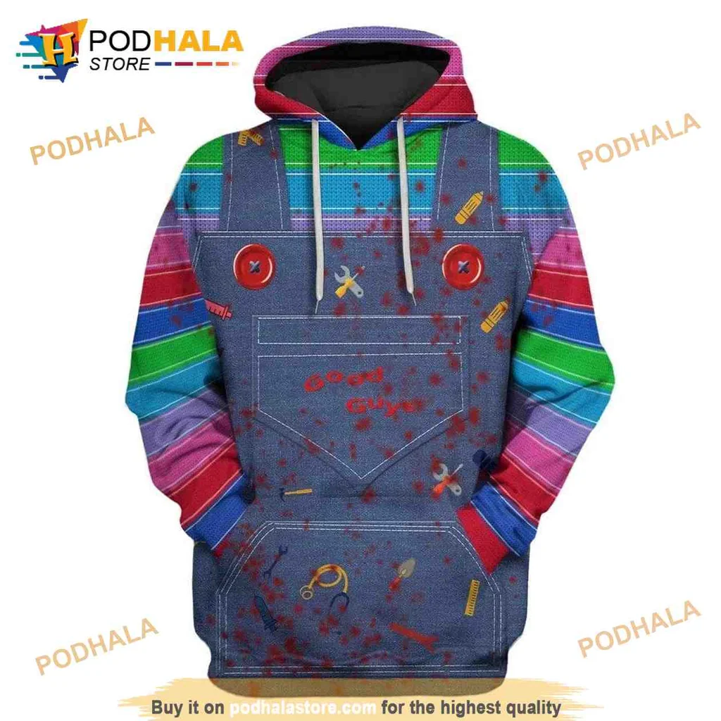 Chucky Horror Movie 3d Hoodie With Denim Overalls And Colorful Stripes
