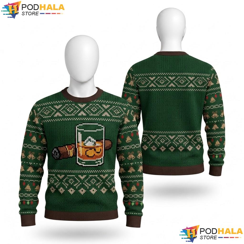 Cigar Bourbon Lounge Lover Christmas Sweater Funny Holiday Gift Top
