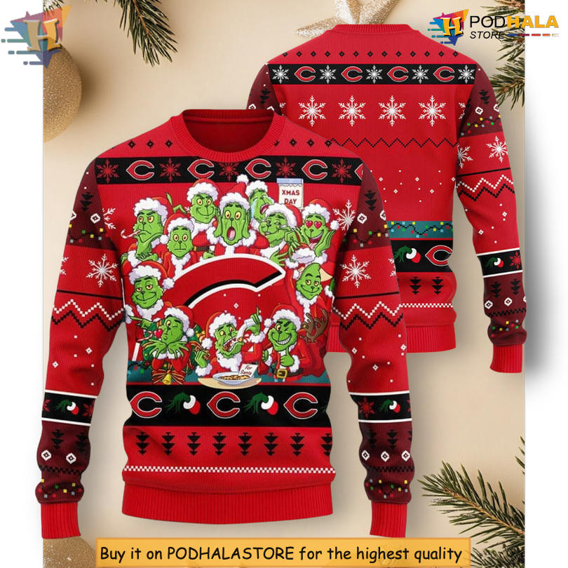 Cincinnati Reds Grinch Theme Baseball Team Festive Graphic Christmas Sweater