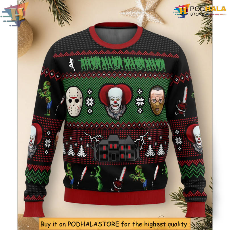 Classic Horror Movie Monsters Pattern Retro Graphic Art Vintage Christmas Sweater