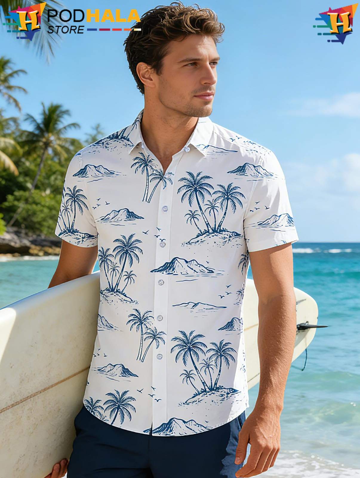 Classic Navy Cowboy Aloha Shirt White Western Mens Short Sleeve Beachwear