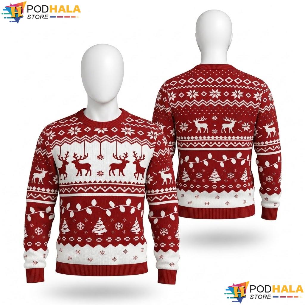 Classic Reindeer Ugly Christmas Sweater Festive Red Holiday Pullover