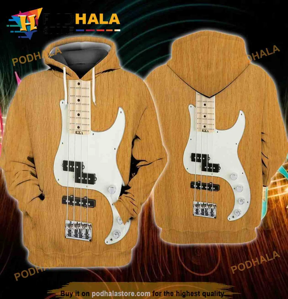 Classic Wooden Guitar 3d Hoodie, Striking All Over Print Design