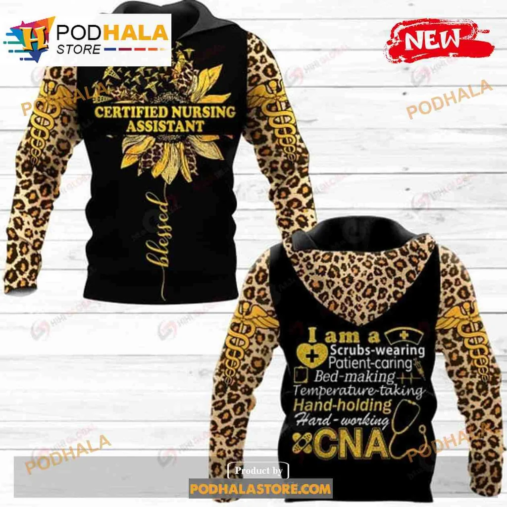 Cna Patient Caring 3d Hoodie With Floral Motif And Leopard Print Sleeves