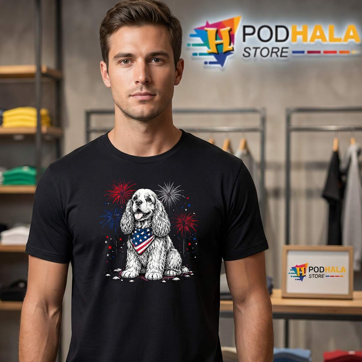 Cocker Spaniel Patriotic Fireworks Shirt Americas 250th Animal Top