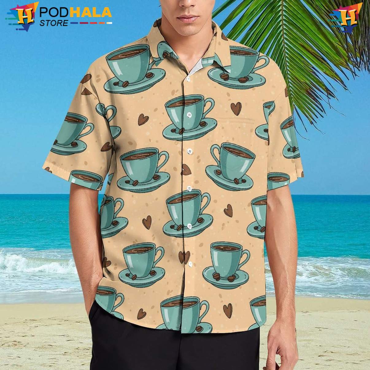 Coffee Tea Graphic Hawaiian Shirt Mens Tropical Summer Beach Festival Gear