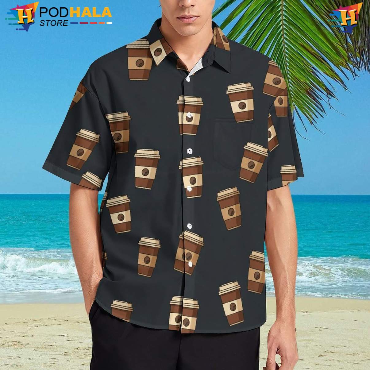 Coffee Tea Novelty Hawaiian Shirt Mens Tropical Summer Beach Festival Gear