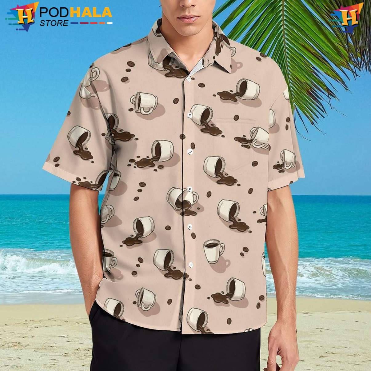 Coffee Tea Pattern Hawaiian Shirt Mens Tropical Beach Festival Camp Clothing