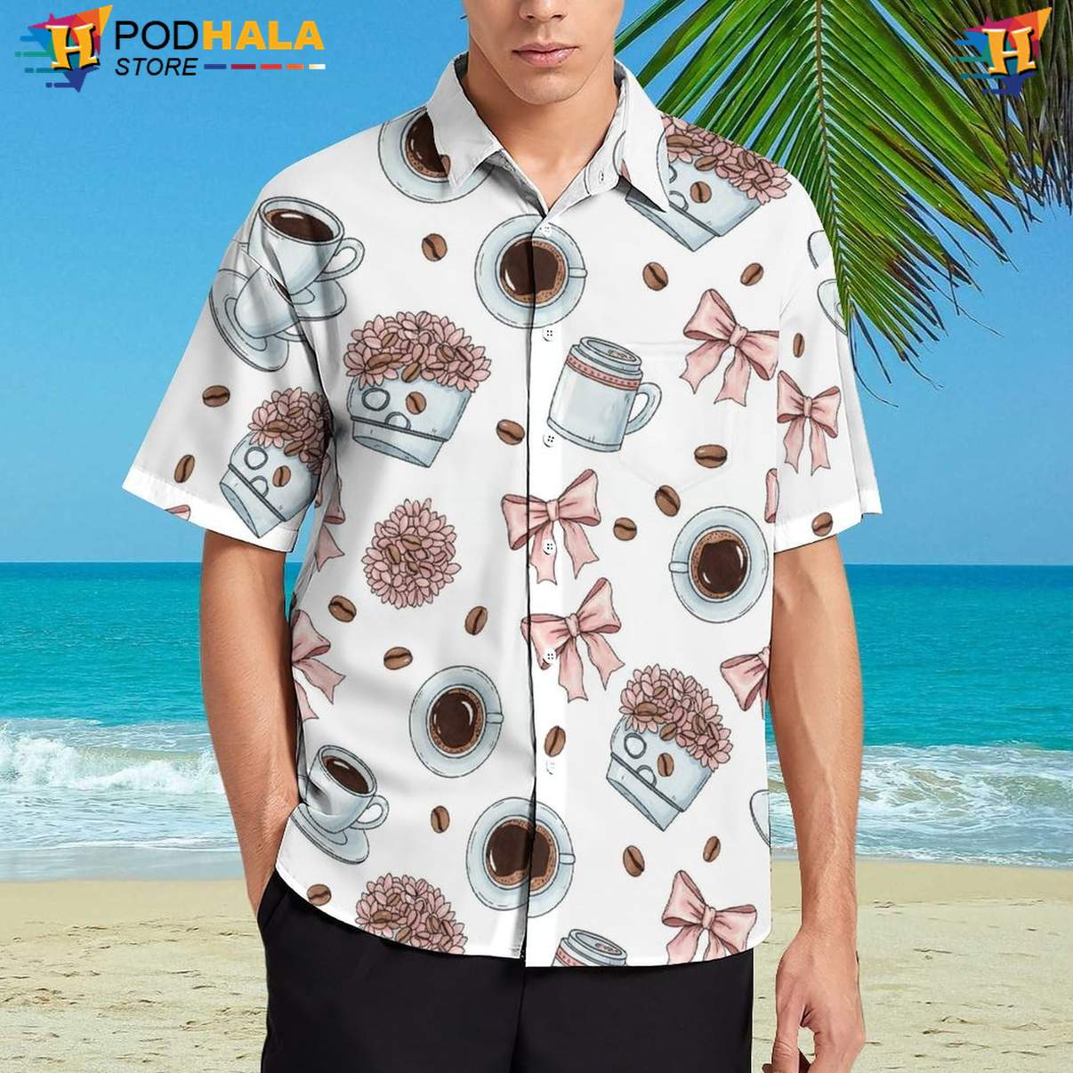 Coffee Tea Retro Aloha Shirt Mens Tropical Summer Beach Button Down Outfit