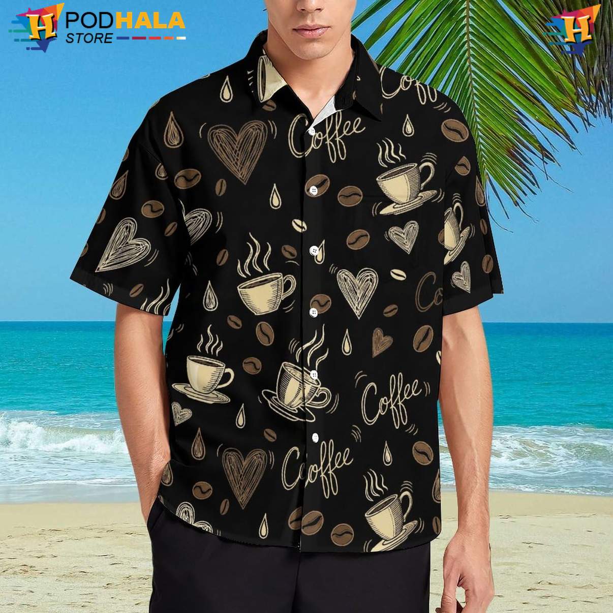 Coffee Tea Tropical Aloha Shirt Mens Summer Beach Button Down Resort Outfit