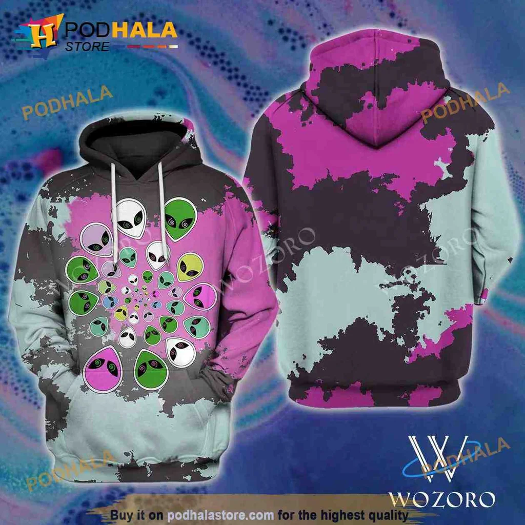 Colorful Alien Heads Psychedelic 3d Hoodie With Whimsical Cartoon Design