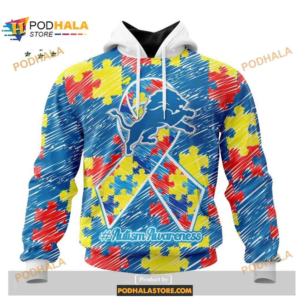 Colorful Autism Awareness Detroit Lions 3d Hoodie With Puzzle Piece Design