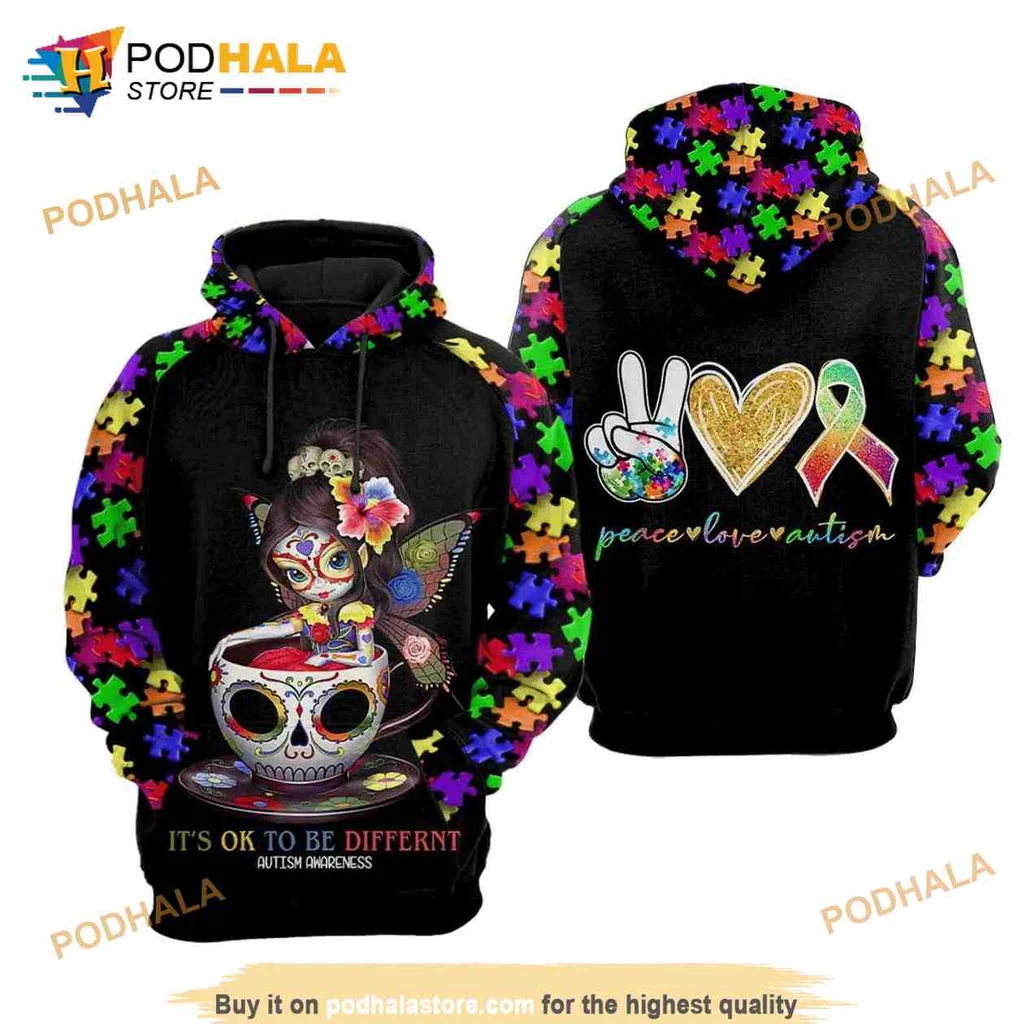Colorful Autism Awareness Sugar Skull 3d Hoodie Featuring Vibrant Design