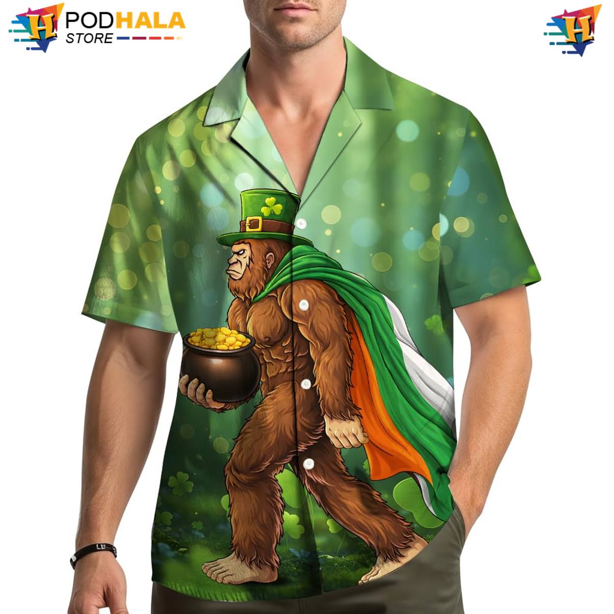 Colorful Bigfoot Hawaiian Shirt Mens Short Sleeve Casual Summer Beach Top