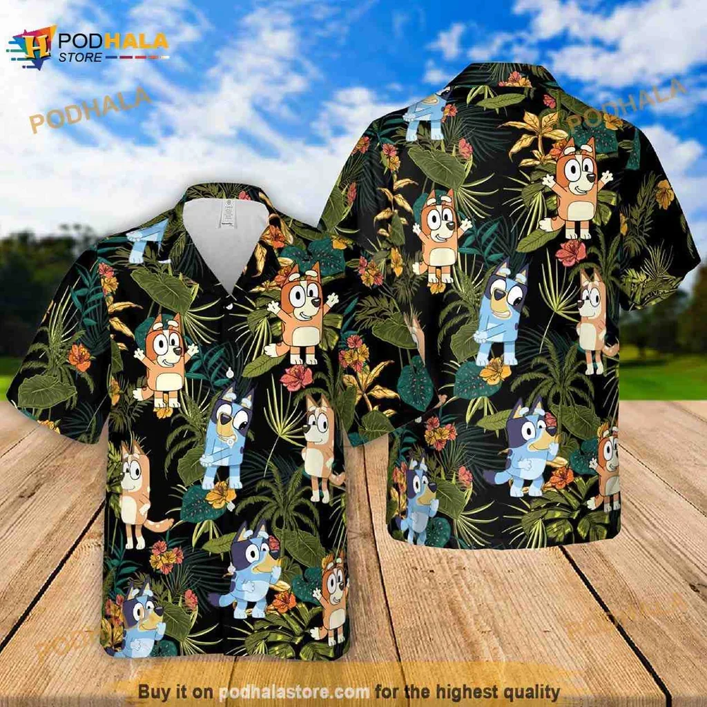 Colorful Bluey Dog Tropical Hawaiian Shirt With Floral Design