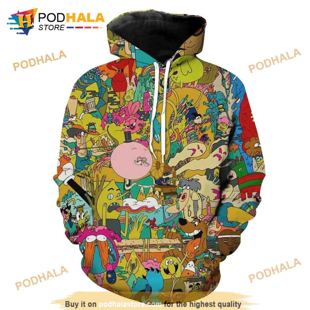 Colorful Cartoon Character Collage 3d Hoodie Featuring Playful Design