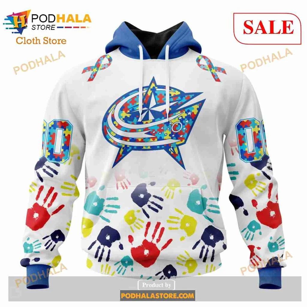 Colorful Columbus Blue Jackets Autism Awareness Hoodie With Handprint Design