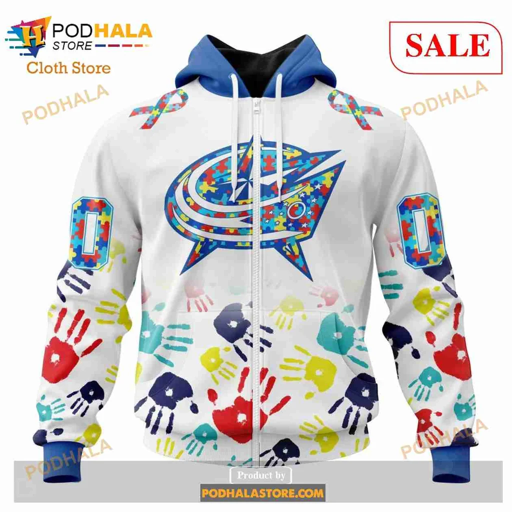 Colorful Columbus Blue Jackets Autism Awareness Hoodie With Handprint Design - View 1 Colorful Columbus Blue Jackets Autism Awareness Hoodie With Handprint Design - View 1