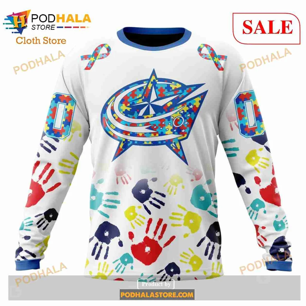 Colorful Columbus Blue Jackets Autism Awareness Hoodie With Handprint Design - View 3 Colorful Columbus Blue Jackets Autism Awareness Hoodie With Handprint Design - View 3