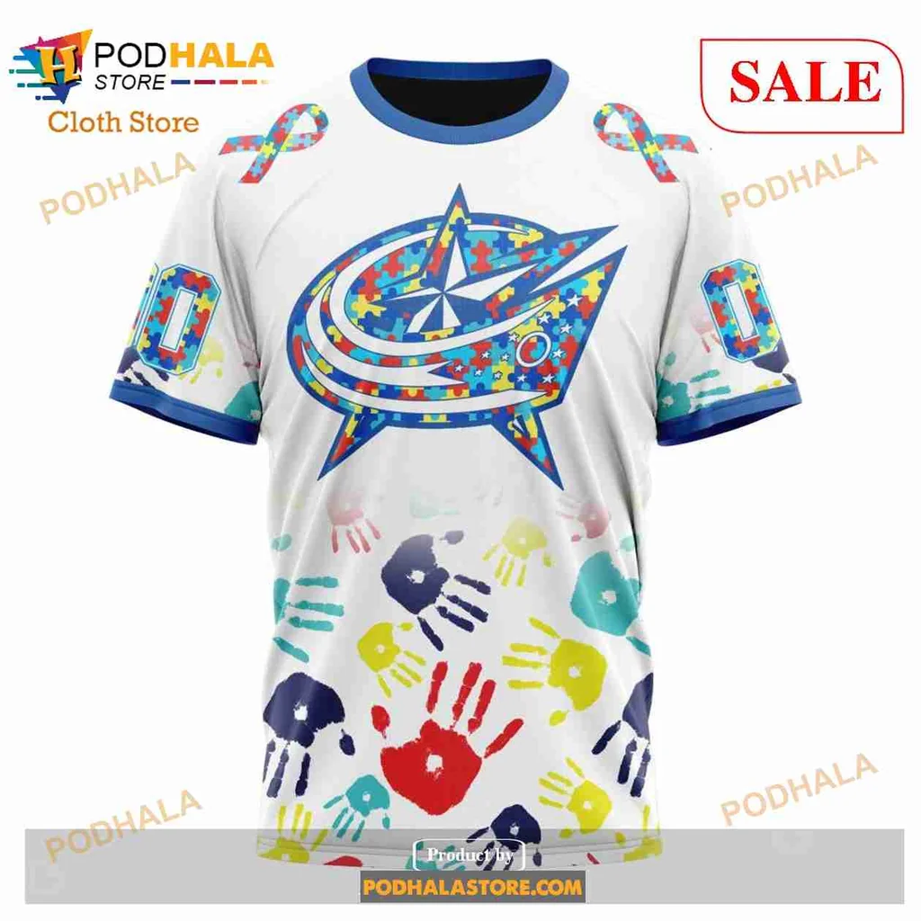 Colorful Columbus Blue Jackets Autism Awareness Hoodie With Handprint Design - Product View 6 Colorful Columbus Blue Jackets Autism Awareness Hoodie With Handprint Design - Product View 6