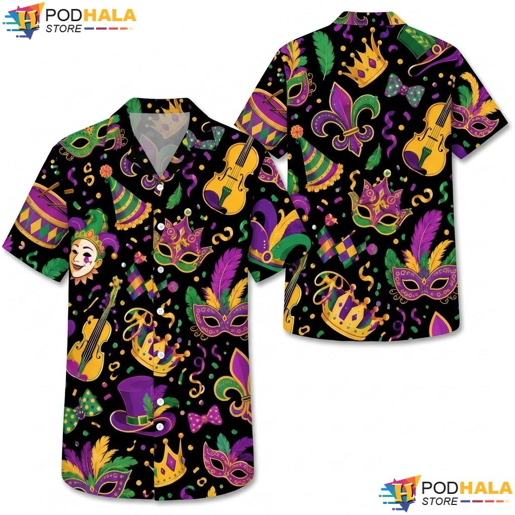 Colorful Crown Mask Hawaiian Shirt Festive Mens Holiday Party Apparel