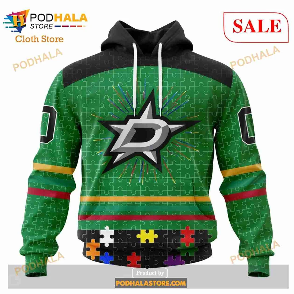 Colorful Dallas Stars Autism Awareness Hoodie Featuring Puzzle Piece Design