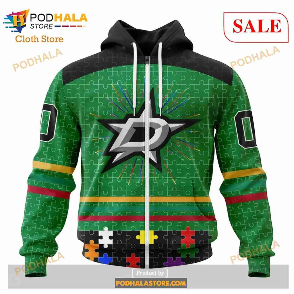 Colorful Dallas Stars Autism Awareness Hoodie Featuring Puzzle Piece Design - View 1 Colorful Dallas Stars Autism Awareness Hoodie Featuring Puzzle Piece Design - View 1