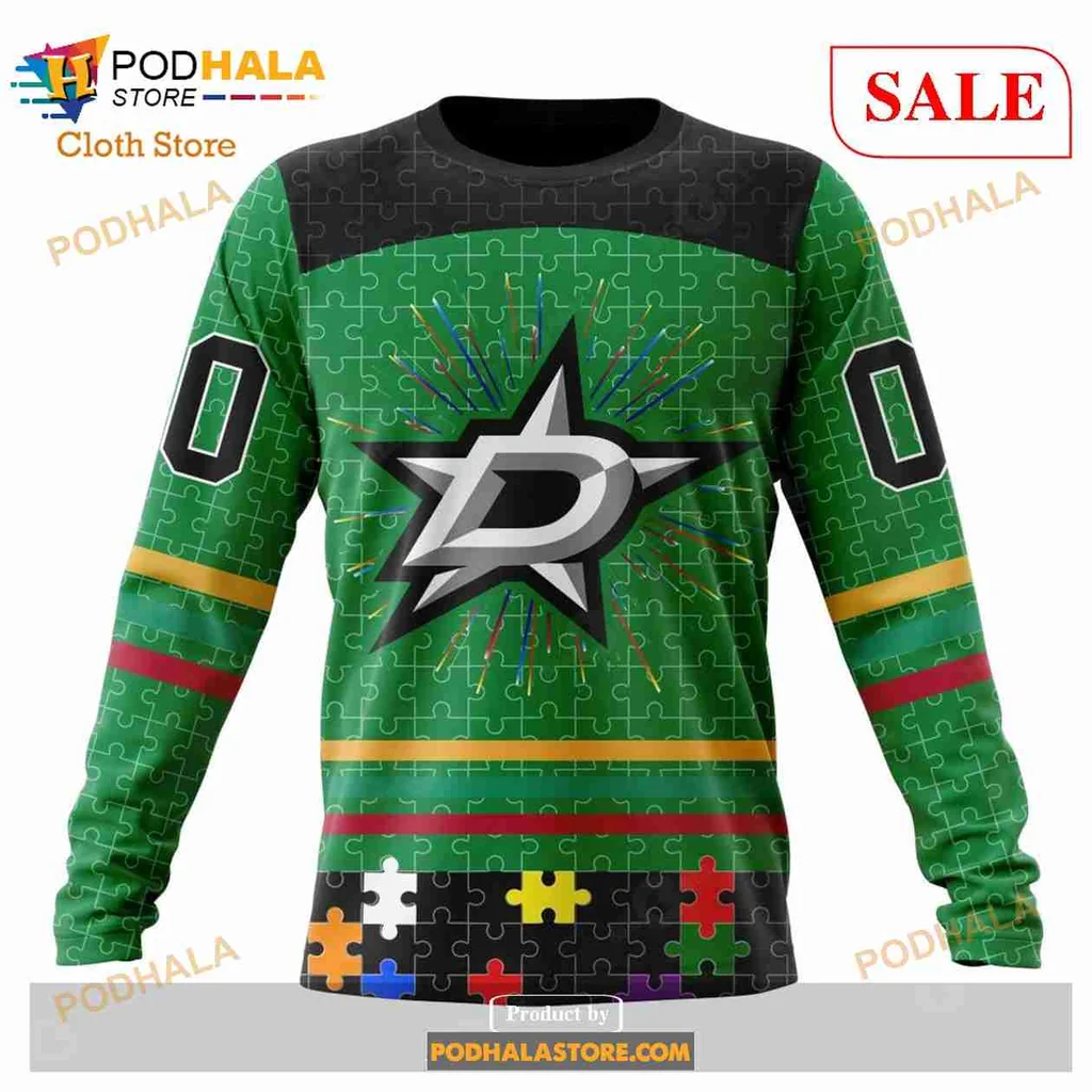 Colorful Dallas Stars Autism Awareness Hoodie Featuring Puzzle Piece Design - View 3 Colorful Dallas Stars Autism Awareness Hoodie Featuring Puzzle Piece Design - View 3