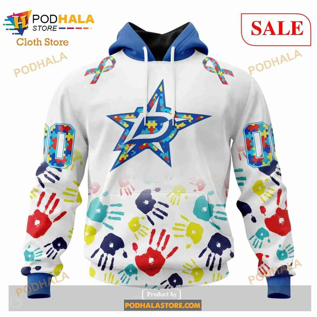 Colorful Dallas Stars Autism Awareness Sweatshirt With Star And Handprint Design