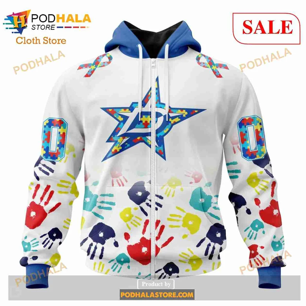 Colorful Dallas Stars Autism Awareness Sweatshirt With Star And Handprint Design - View 1 Colorful Dallas Stars Autism Awareness Sweatshirt With Star And Handprint Design - View 1