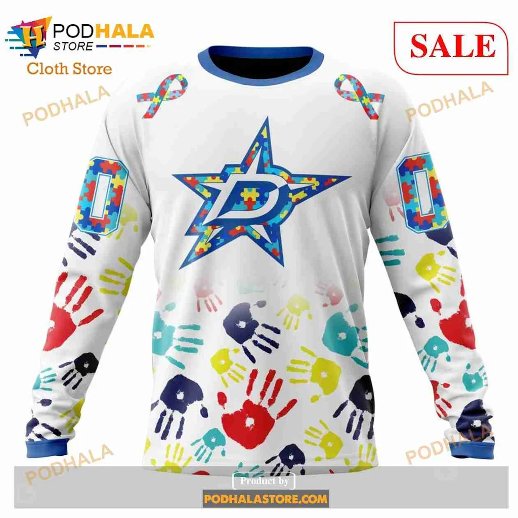 Colorful Dallas Stars Autism Awareness Sweatshirt With Star And Handprint Design - View 3 Colorful Dallas Stars Autism Awareness Sweatshirt With Star And Handprint Design - View 3