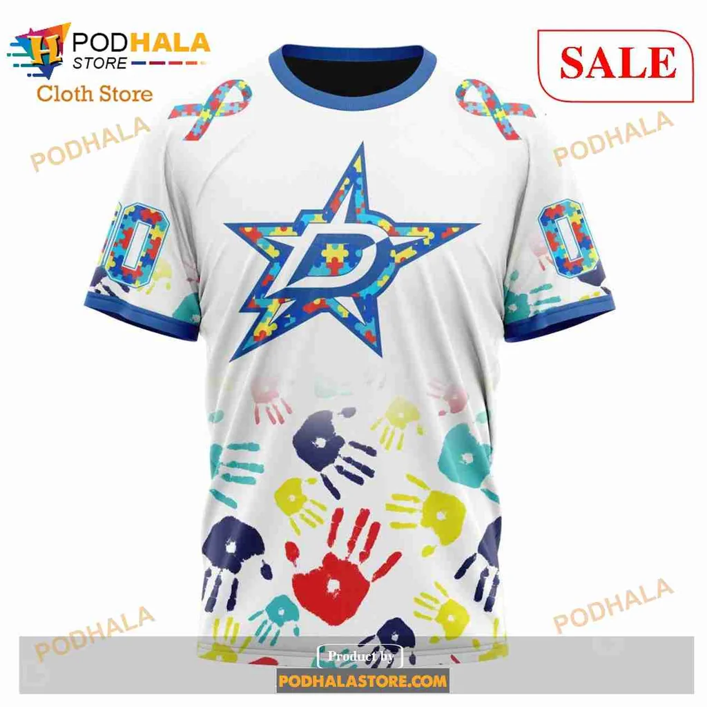 Colorful Dallas Stars Autism Awareness Sweatshirt With Star And Handprint Design - Product View 6 Colorful Dallas Stars Autism Awareness Sweatshirt With Star And Handprint Design - Product View 6