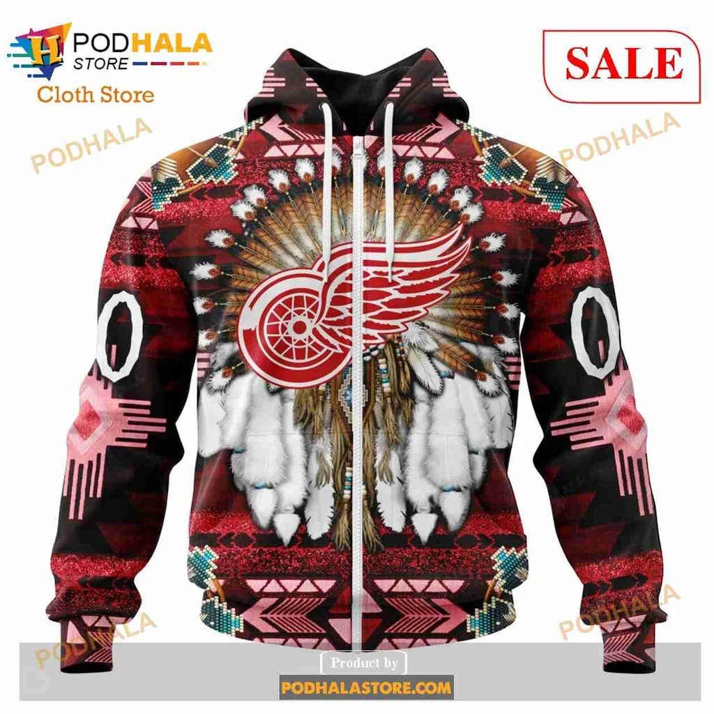 Colorful Detroit Red Wings All Over Print Hoodie With Native American Inspired Design Colorful Detroit Red Wings All Over Print Hoodie With Native American Inspired Design