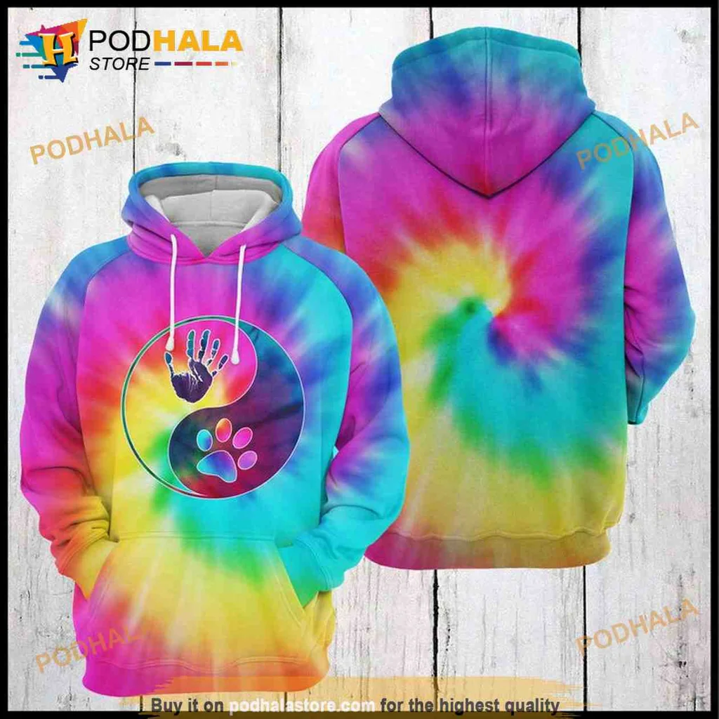 Colorful Dog Yin Yang 3d Hoodie With Handprint And Paw Print Design