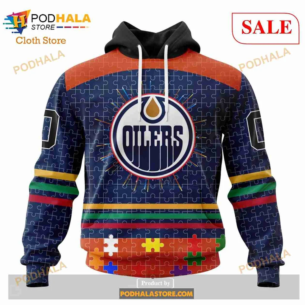 Colorful Edmonton Oilers Autism Awareness Hoodie, 3d Design With Puzzle Pieces