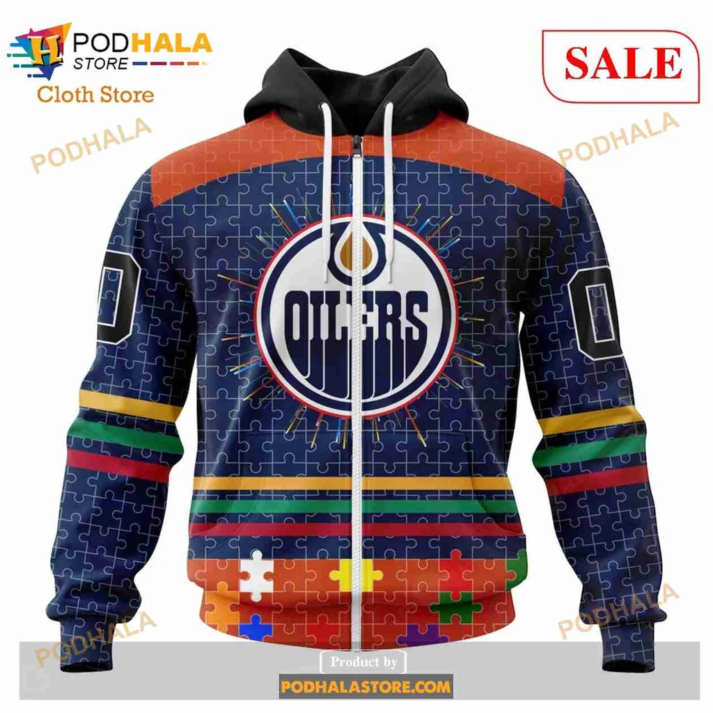 Colorful Edmonton Oilers Autism Awareness Hoodie, 3d Design With Puzzle Pieces - View 1 Colorful Edmonton Oilers Autism Awareness Hoodie, 3d Design With Puzzle Pieces - View 1